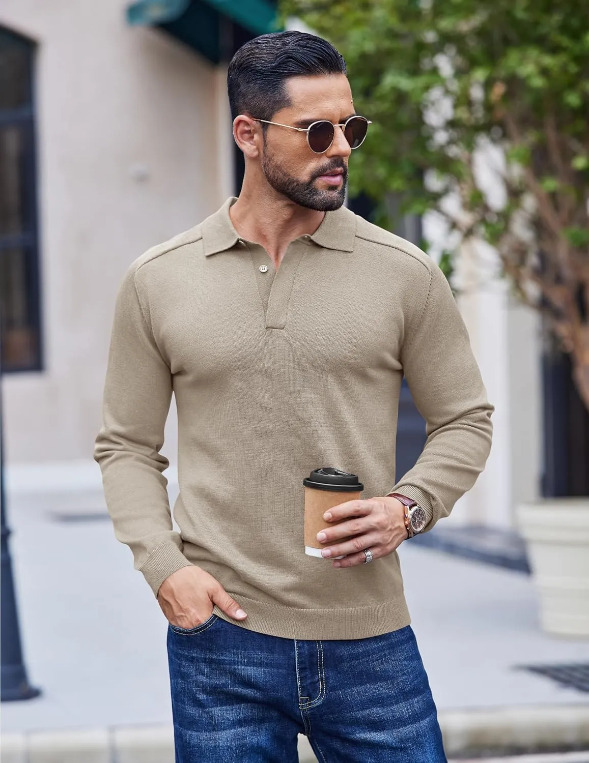 COOFANDY Mens Knit Polo Sweater Long Sleeve Collared Polo Hidden Button Casual Pullover Sweaters