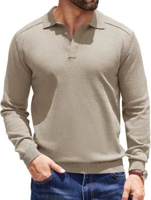 COOFANDY Mens Knit Polo Sweater Long Sleeve Collared Polo Hidden Button Casual Pullover Sweaters