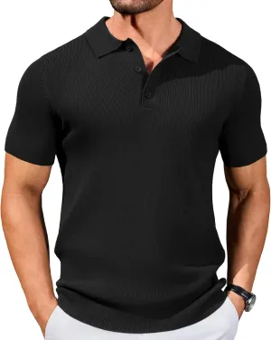 COOFANDY Mens Slim Fit Knit Polo Shirts Business Lightweight Polo Sweater Casual Summer Ribbed Textured Collared T Shirt