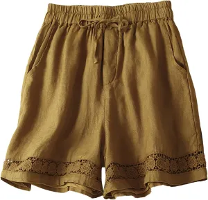 Cotton Linen Shorts for Women Comfy Drawstring High Waist Shorts Loose Wide Leg Casual Summer Short Pants with Pocket