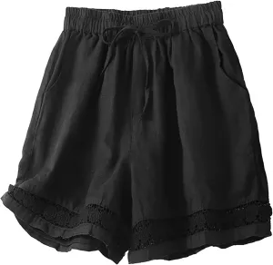 Cotton Linen Shorts for Women Comfy Drawstring High Waist Shorts Loose Wide Leg Casual Summer Short Pants with Pocket