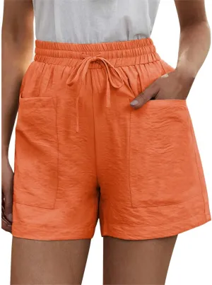 Cotton Linen Shorts for Women Summer Casual High Waisted Drawstring Beach Shorts Lightweight Baggy Trendy Short Pants