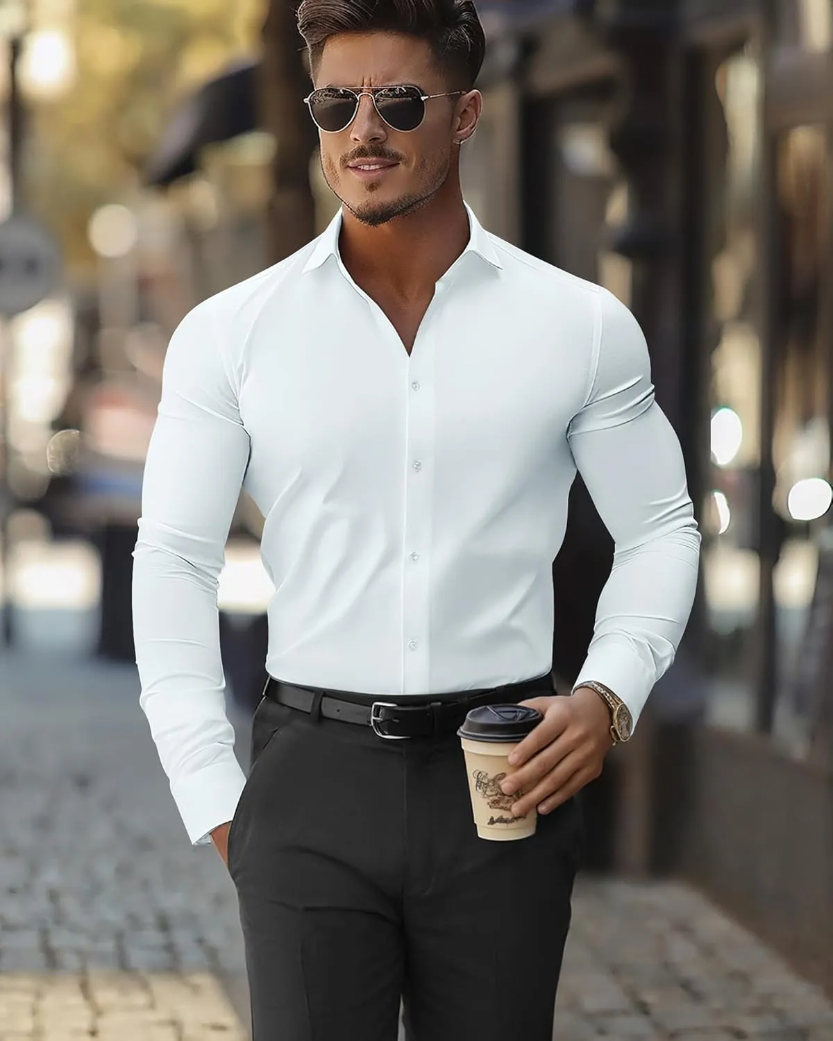 DEMEANOR Stretch Mens Dress Shirts Long Sleeve Slim Fit Dress Shirts for Men Muscle Fit Wrinkle Free Button Down Shirt