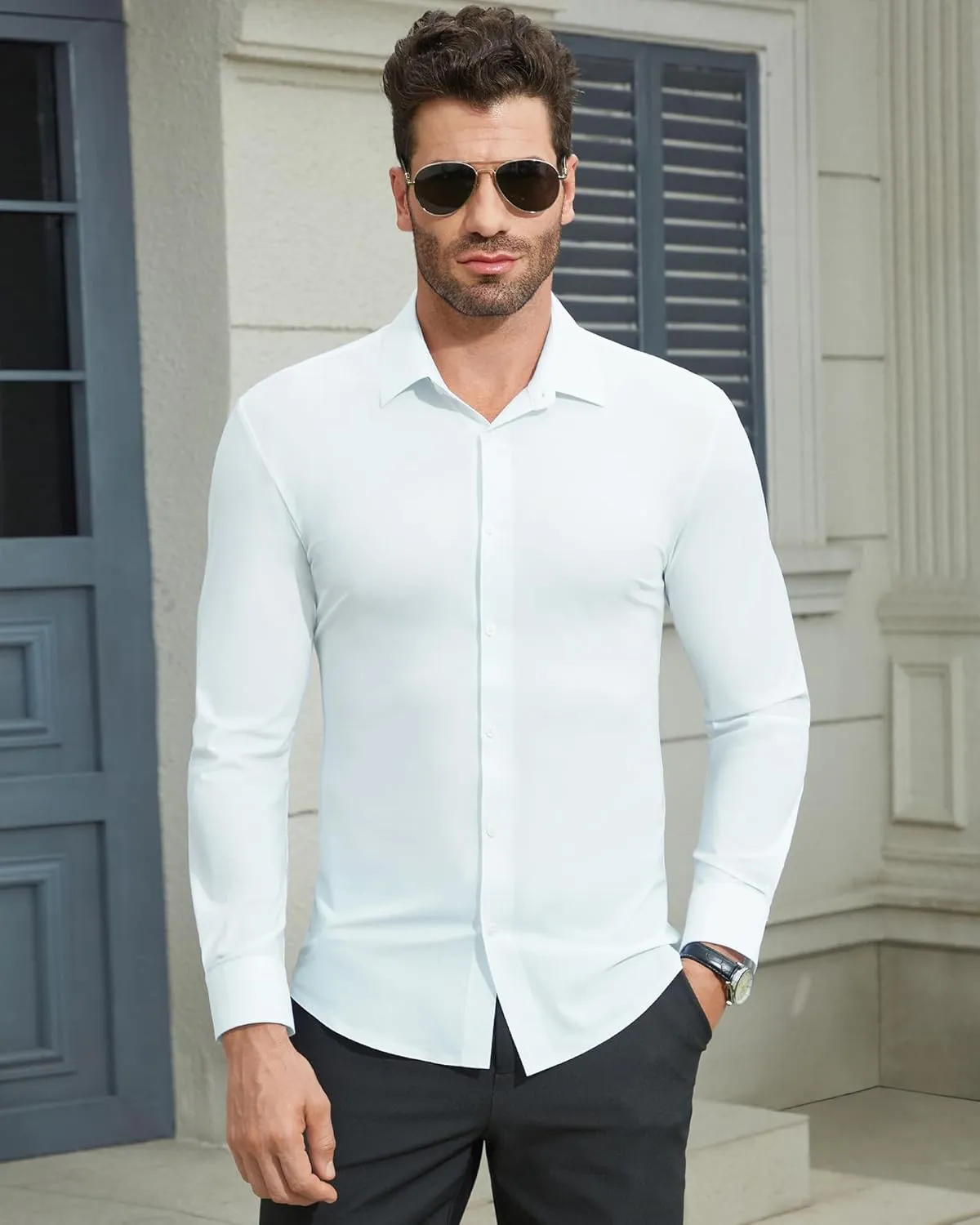 DEMEANOR Stretch Mens Dress Shirts Long Sleeve Slim Fit Dress Shirts for Men Muscle Fit Wrinkle Free Button Down Shirt
