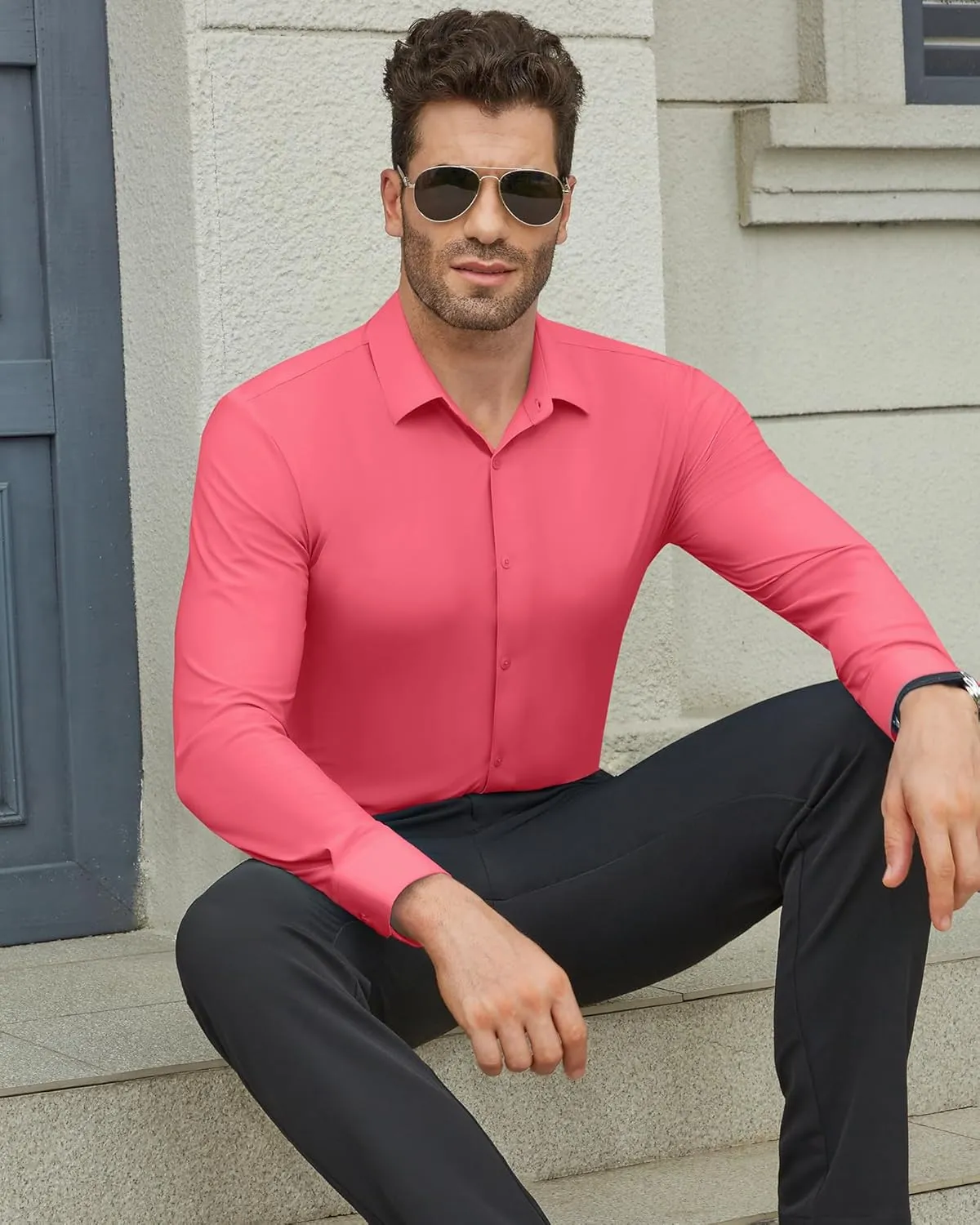 DEMEANOR Stretch Mens Dress Shirts Long Sleeve Slim Fit Dress Shirts for Men Muscle Fit Wrinkle Free Button Down Shirt