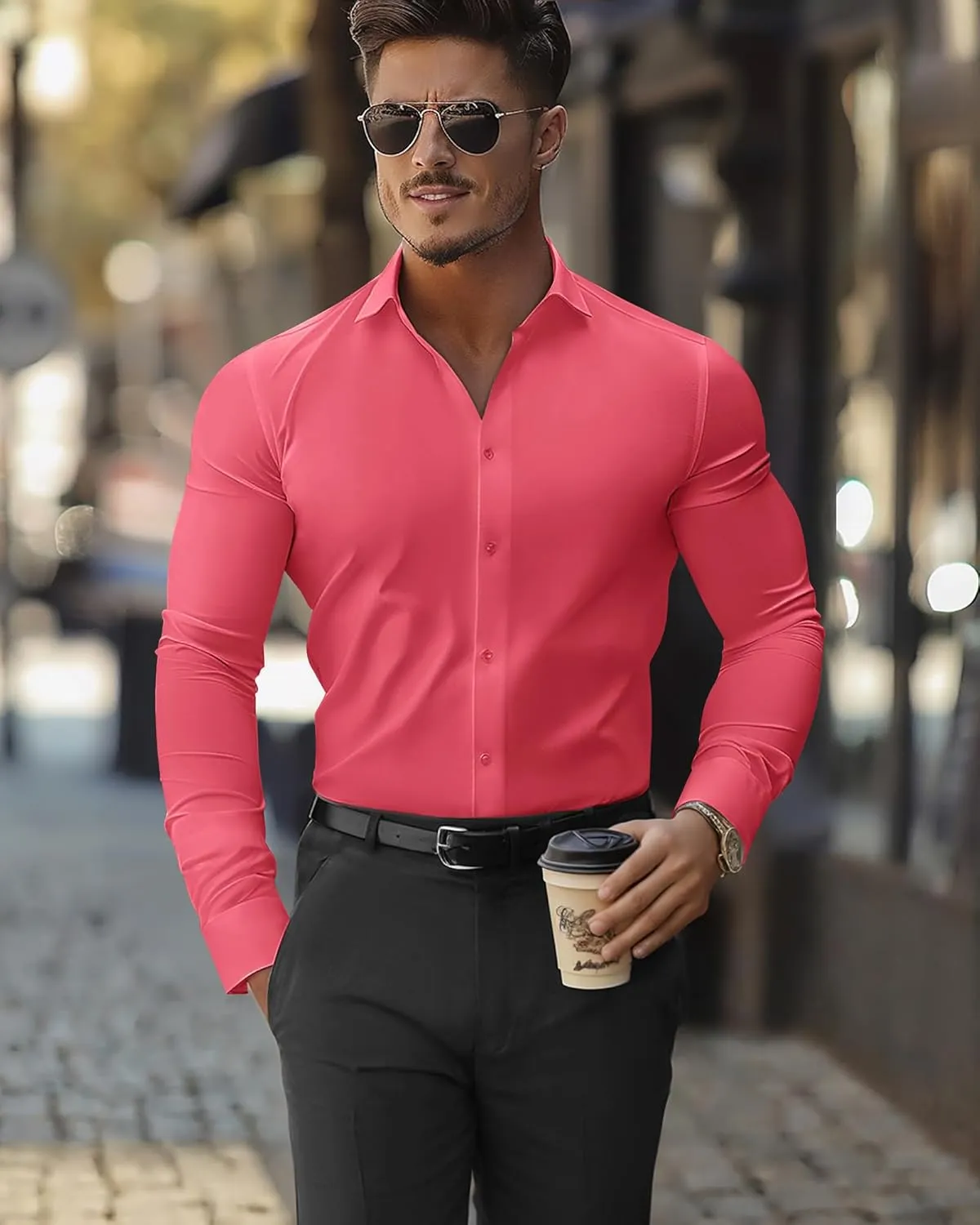 DEMEANOR Stretch Mens Dress Shirts Long Sleeve Slim Fit Dress Shirts for Men Muscle Fit Wrinkle Free Button Down Shirt
