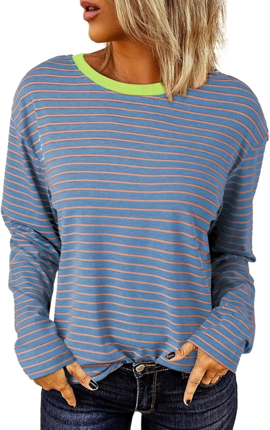 Dokotoo Women's Casual Striped Long Sleeve Tops Crew Neck Knit Basic T Shirts