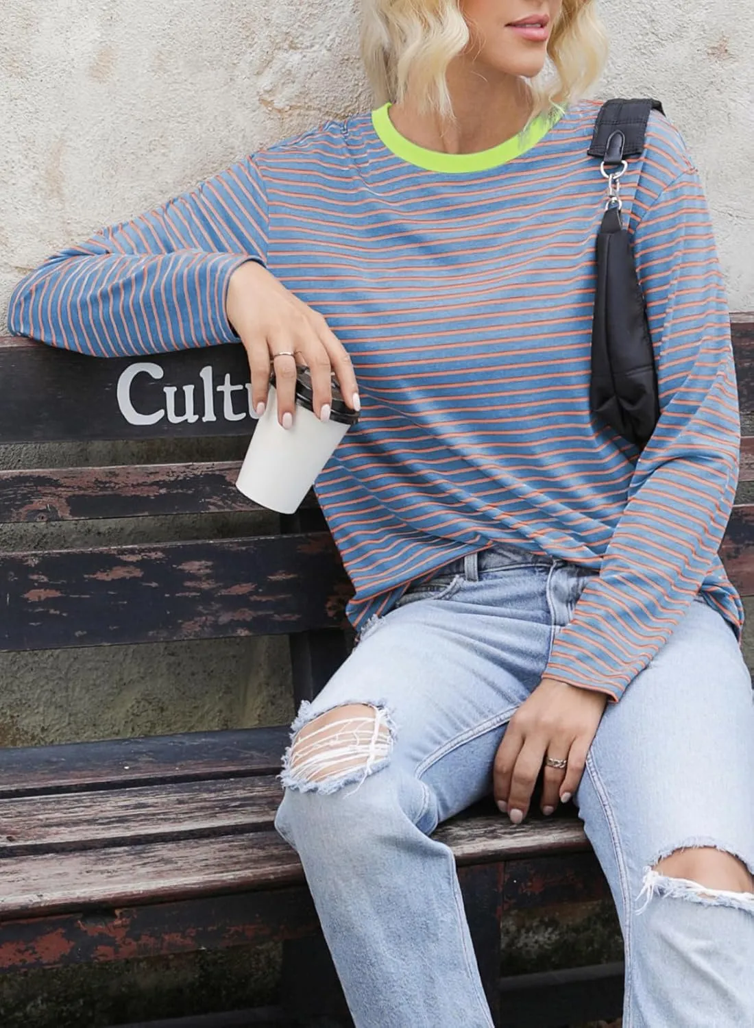 Dokotoo Women's Casual Striped Long Sleeve Tops Crew Neck Knit Basic T Shirts