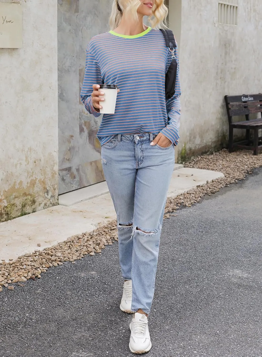 Dokotoo Women's Casual Striped Long Sleeve Tops Crew Neck Knit Basic T Shirts