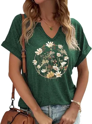 Earlymemb Womens Vintage Flowers V Neck Shirt Boho Floral Wildflowers Graphic Tee Casual Cottagecore Short Sleeve T Shirt