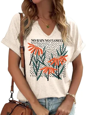Earlymemb Womens Vintage Flowers V Neck Shirt Boho Floral Wildflowers Graphic Tee Casual Cottagecore Short Sleeve T Shirt