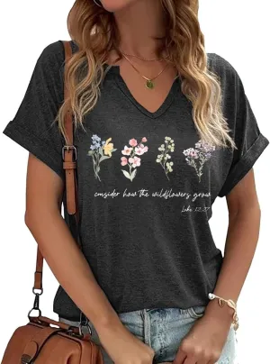 Earlymemb Womens Vintage Flowers V Neck Shirt Boho Floral Wildflowers Graphic Tee Casual Cottagecore Short Sleeve T Shirt
