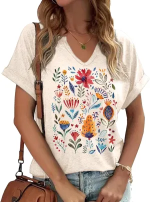 Earlymemb Womens Vintage Flowers V Neck Shirt Boho Floral Wildflowers Graphic Tee Casual Cottagecore Short Sleeve T Shirt