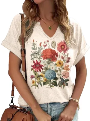 Earlymemb Womens Vintage Flowers V Neck Shirt Boho Floral Wildflowers Graphic Tee Casual Cottagecore Short Sleeve T Shirt