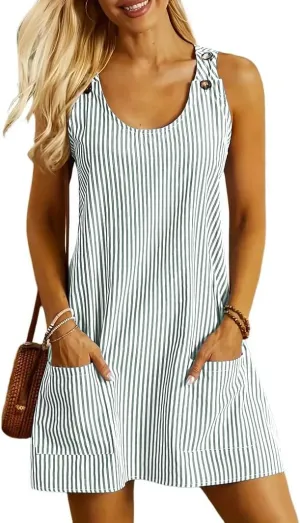 ETCYY NEW Womens Sleeveless Summer Dresses 2025 Cusual U Neck Sundresses Striped Printed Short Dress with Pocket