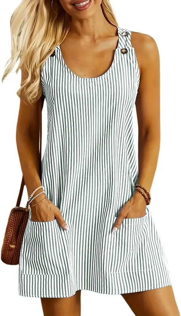 ETCYY NEW Womens Sleeveless Summer Dresses 2025 Cusual U Neck Sundresses Striped Printed Short Dress with Pocket