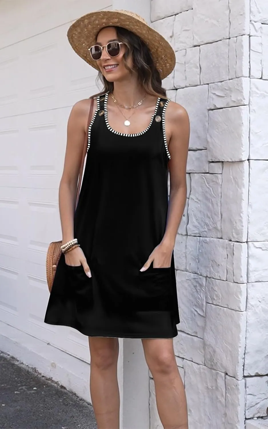 ETCYY NEW Womens Sleeveless Summer Dresses 2025 Cusual U Neck Sundresses Striped Printed Short Dress with Pocket