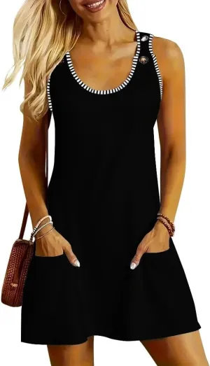 ETCYY NEW Womens Sleeveless Summer Dresses 2025 Cusual U Neck Sundresses Striped Printed Short Dress with Pocket