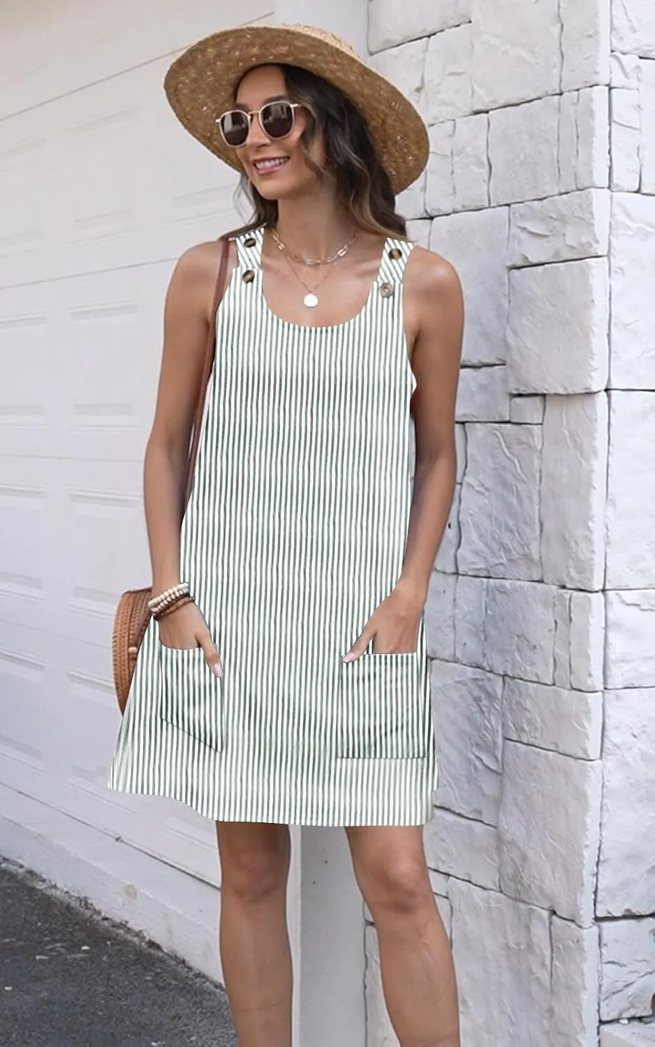 ETCYY NEW Womens Sleeveless Summer Dresses 2025 Cusual U Neck Sundresses Striped Printed Short Dress with Pocket