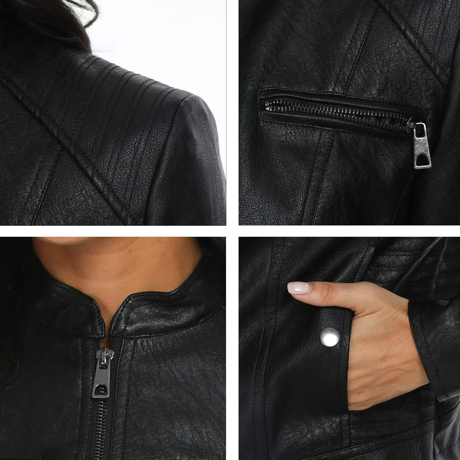 Fahsyee Black Faux Leather Jackets for Women Motorcycle PU Moto Biker Outwear Coat