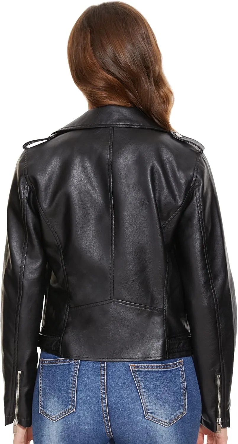 Fahsyee Faux Leather Jacket for Women, Vegan Jackets Moto Biker Motocycle Coat