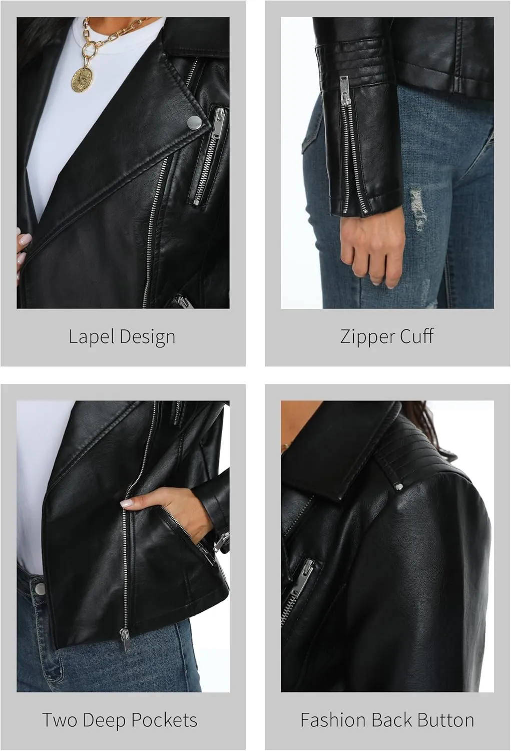 Fahsyee Faux Leather Jacket for Women, Vegan Jackets Moto Biker Motocycle Coat
