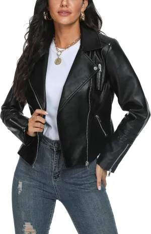 Fahsyee Faux Leather Jacket for Women, Vegan Jackets Moto Biker Motocycle Coat