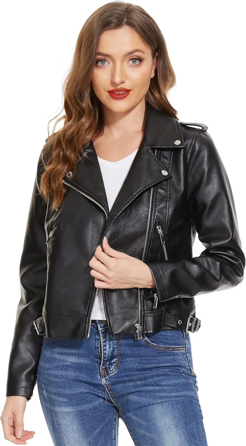 Fahsyee Faux Leather Jacket for Women, Vegan Jackets Moto Biker Motocycle Coat