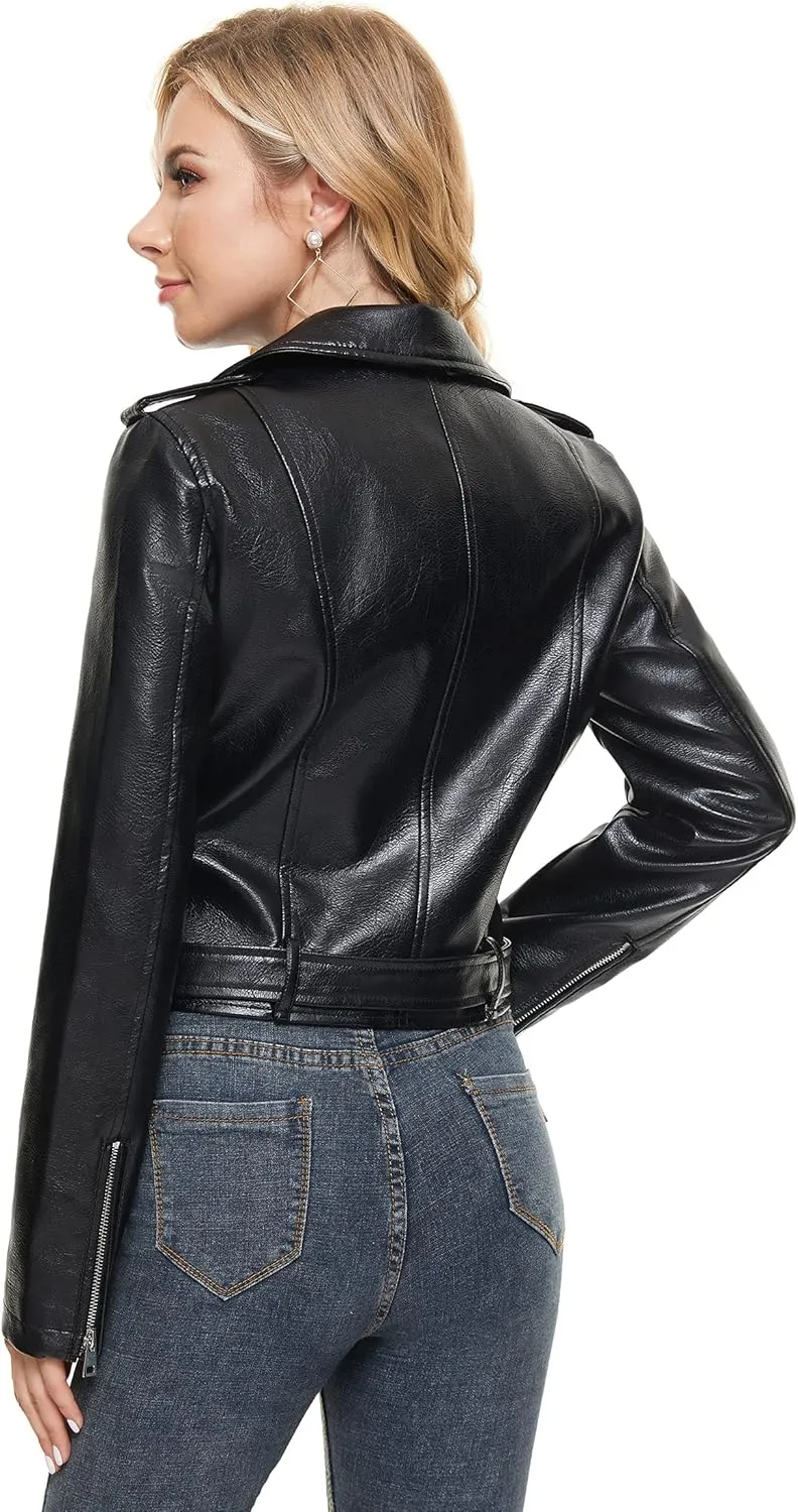Fahsyee Faux Leather Jacket for Women, Vegan Jackets Moto Biker Motocycle Coat