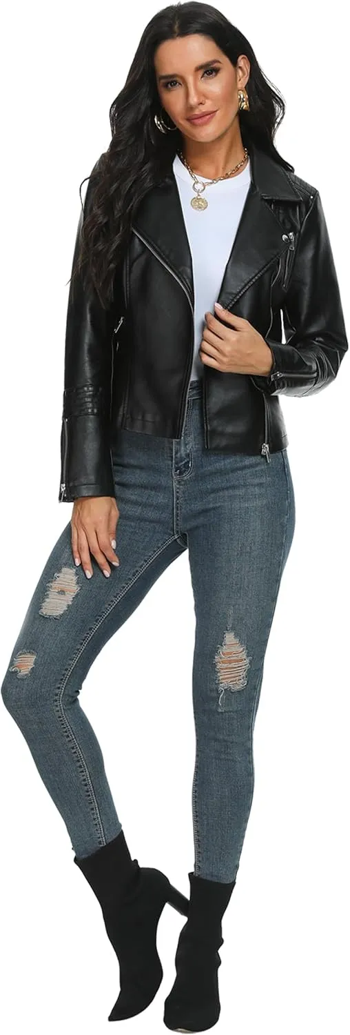 Fahsyee Faux Leather Jacket for Women, Vegan Jackets Moto Biker Motocycle Coat