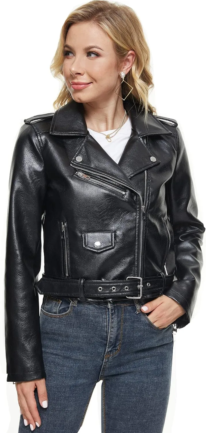 Fahsyee Faux Leather Jacket for Women, Vegan Jackets Moto Biker Motocycle Coat