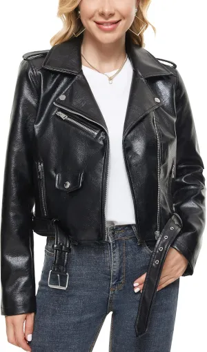 Fahsyee Faux Leather Jacket for Women, Vegan Jackets Moto Biker Motocycle Coat