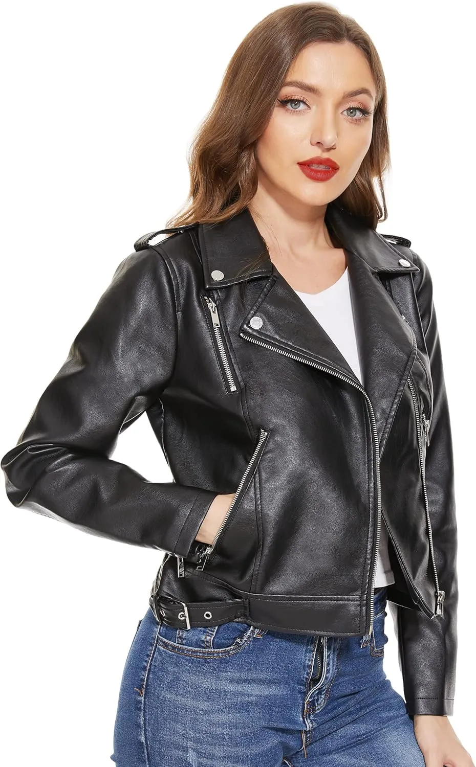 Fahsyee Faux Leather Jacket for Women, Vegan Jackets Moto Biker Motocycle Coat