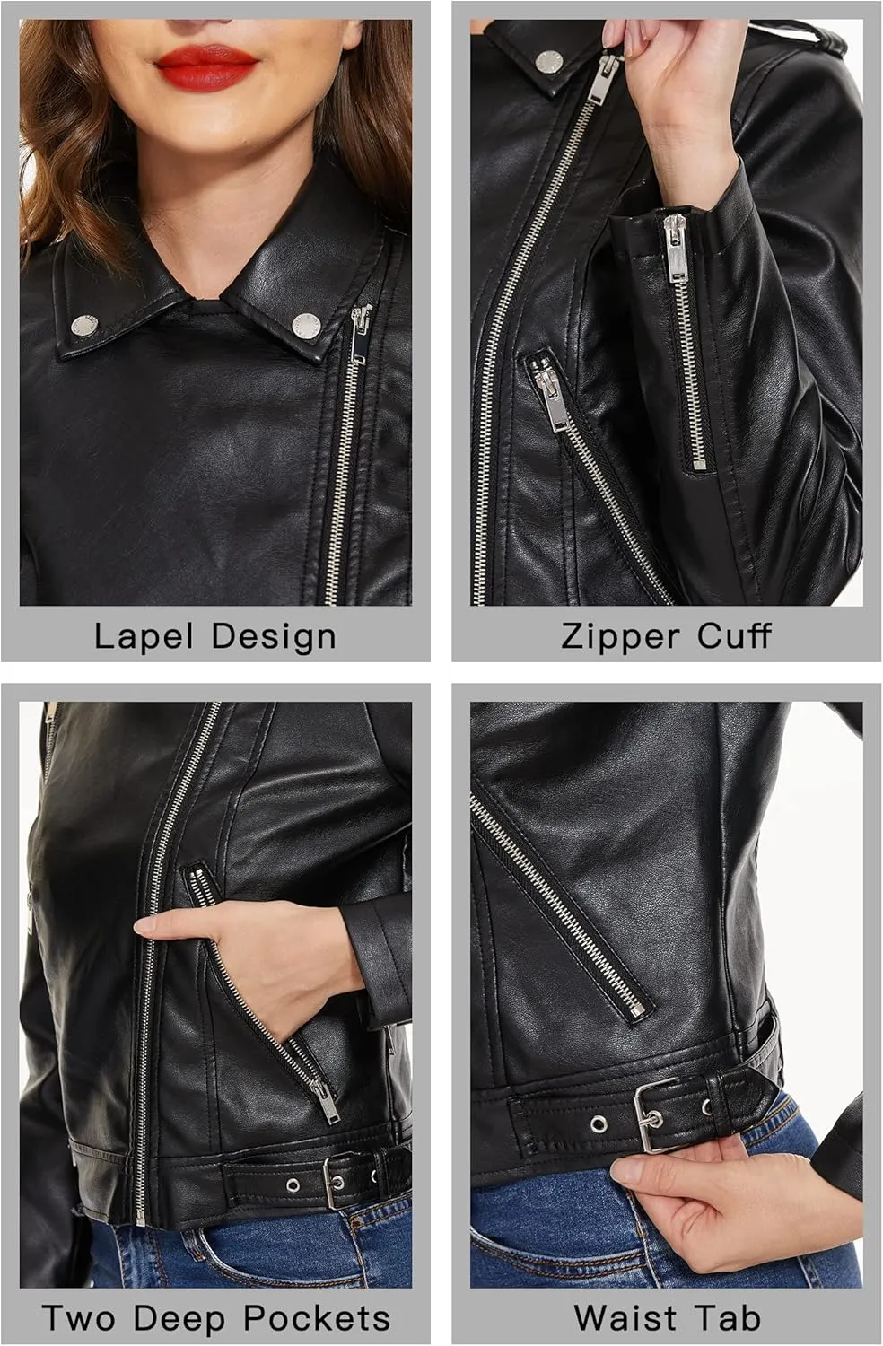 Fahsyee Faux Leather Jacket for Women, Vegan Jackets Moto Biker Motocycle Coat