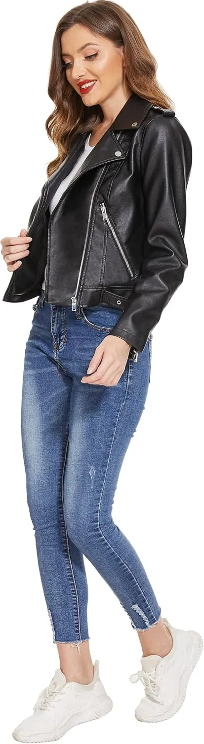 Fahsyee Faux Leather Jacket for Women, Vegan Jackets Moto Biker Motocycle Coat