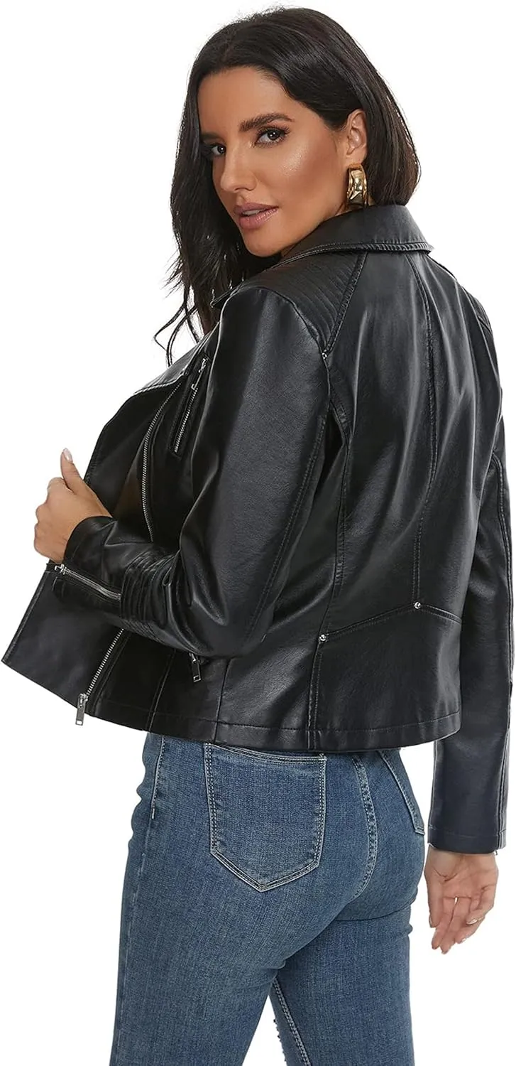 Fahsyee Faux Leather Jacket for Women, Vegan Jackets Moto Biker Motocycle Coat
