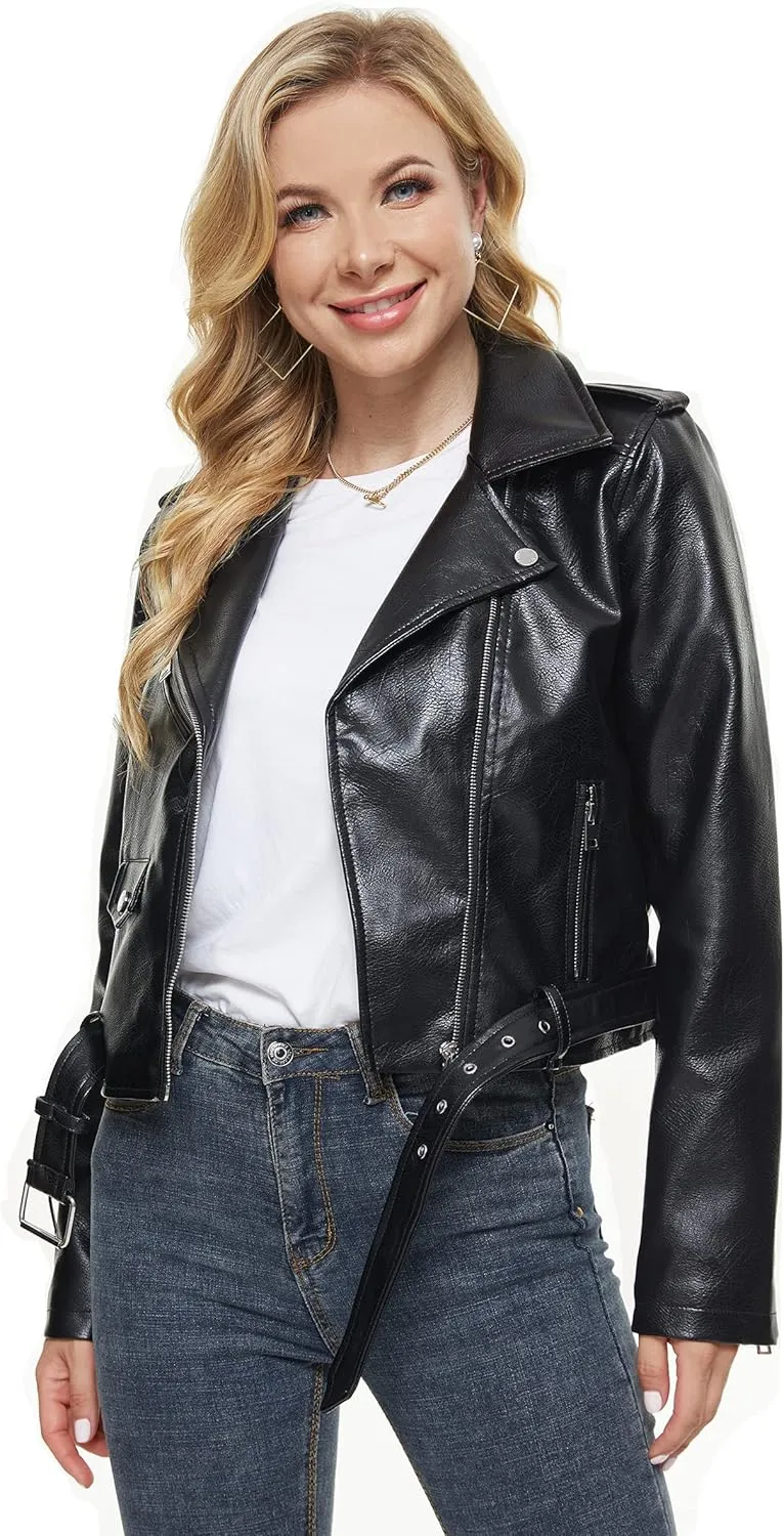 Fahsyee Faux Leather Jacket for Women, Vegan Jackets Moto Biker Motocycle Coat