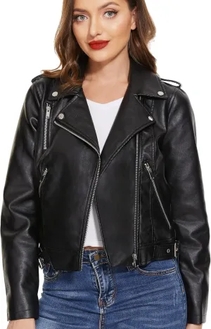 Fahsyee Faux Leather Jacket for Women, Vegan Jackets Moto Biker Motocycle Coat