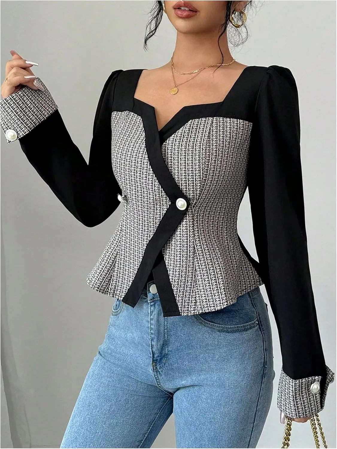 GORGLITTER Women's Color Block Double Breasted Blazer Puff Sleeve Wrap Notch Neck Cardigan