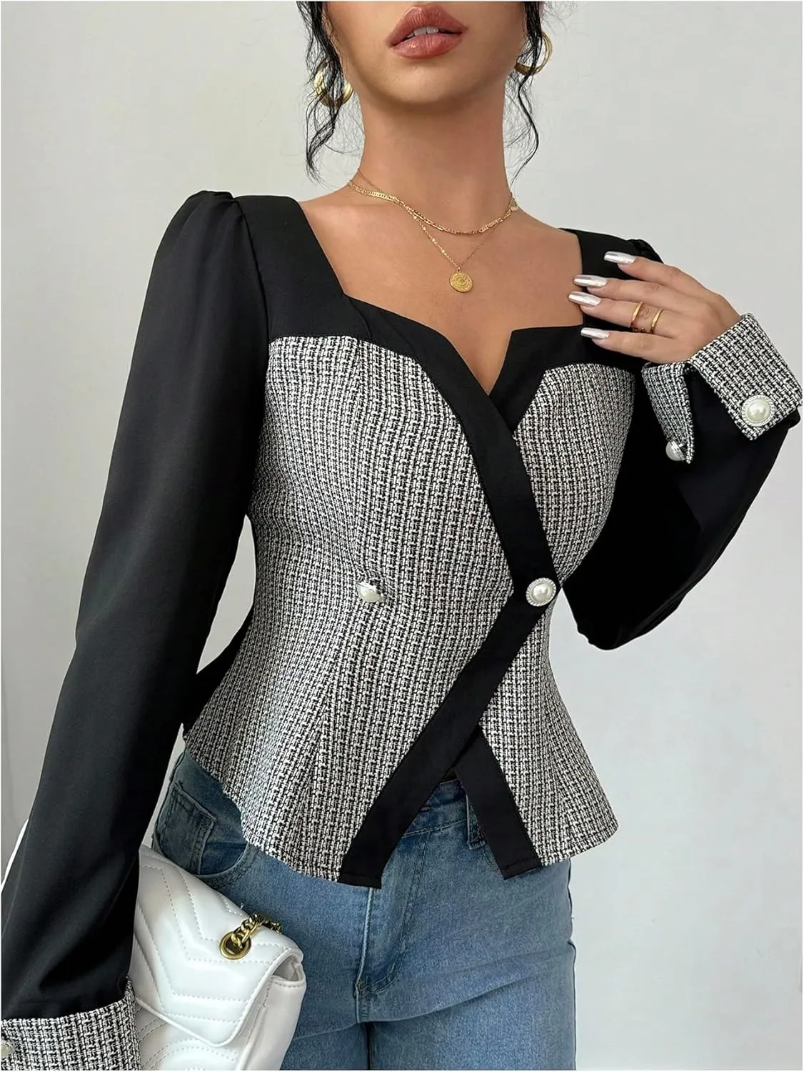 GORGLITTER Women's Color Block Double Breasted Blazer Puff Sleeve Wrap Notch Neck Cardigan