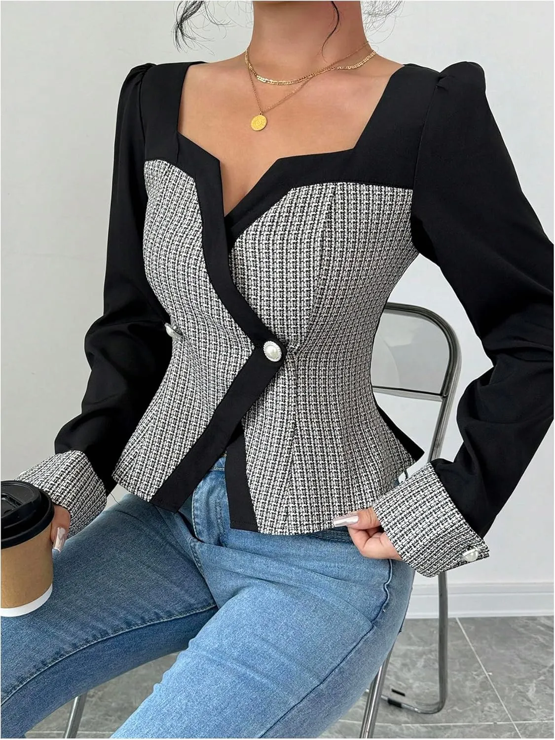 GORGLITTER Women's Color Block Double Breasted Blazer Puff Sleeve Wrap Notch Neck Cardigan