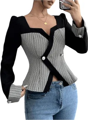 GORGLITTER Women's Color Block Double Breasted Blazer Puff Sleeve Wrap Notch Neck Cardigan