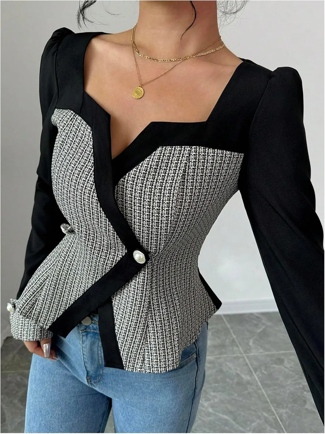 GORGLITTER Women's Color Block Double Breasted Blazer Puff Sleeve Wrap Notch Neck Cardigan