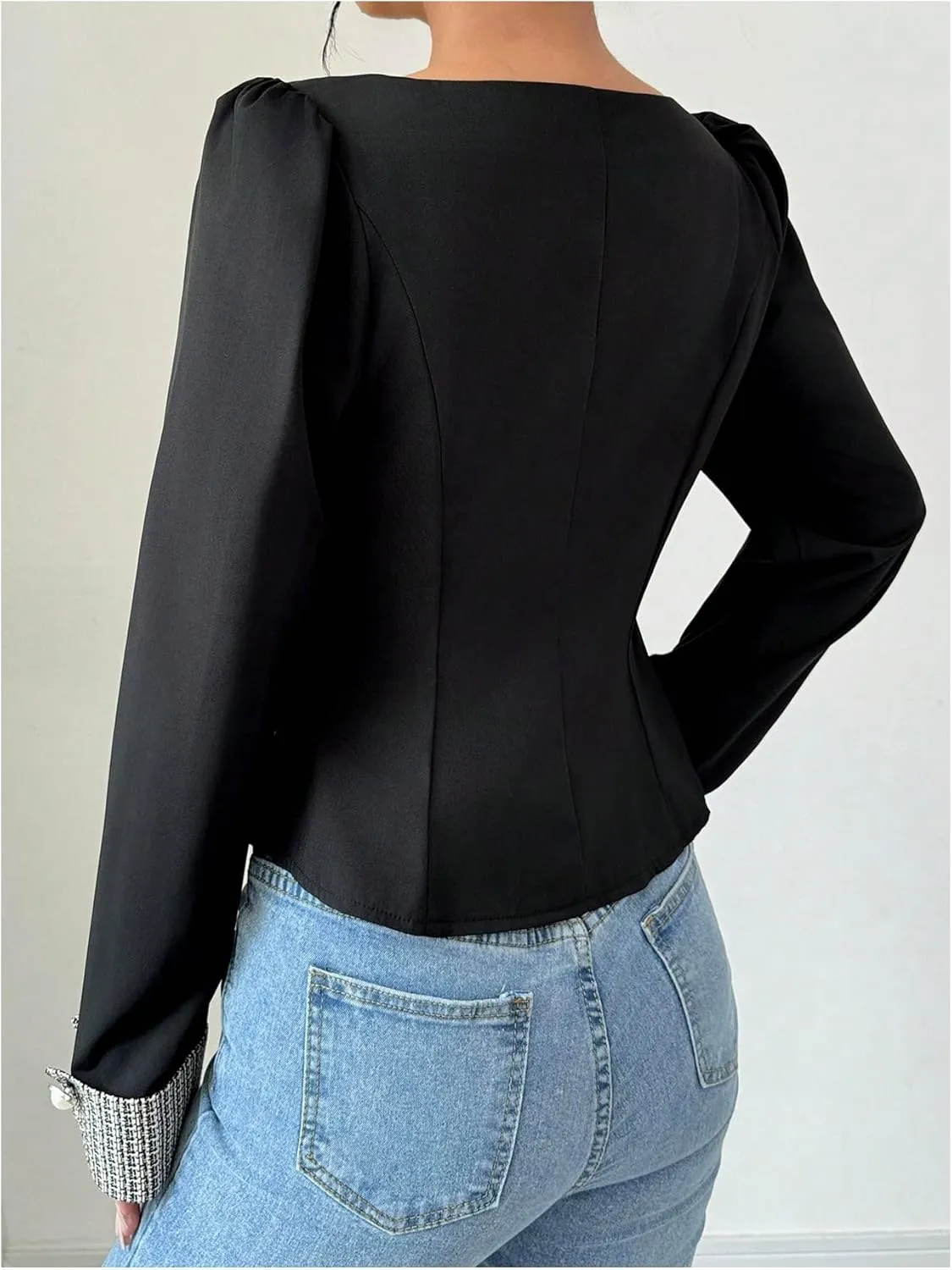 GORGLITTER Women's Color Block Double Breasted Blazer Puff Sleeve Wrap Notch Neck Cardigan