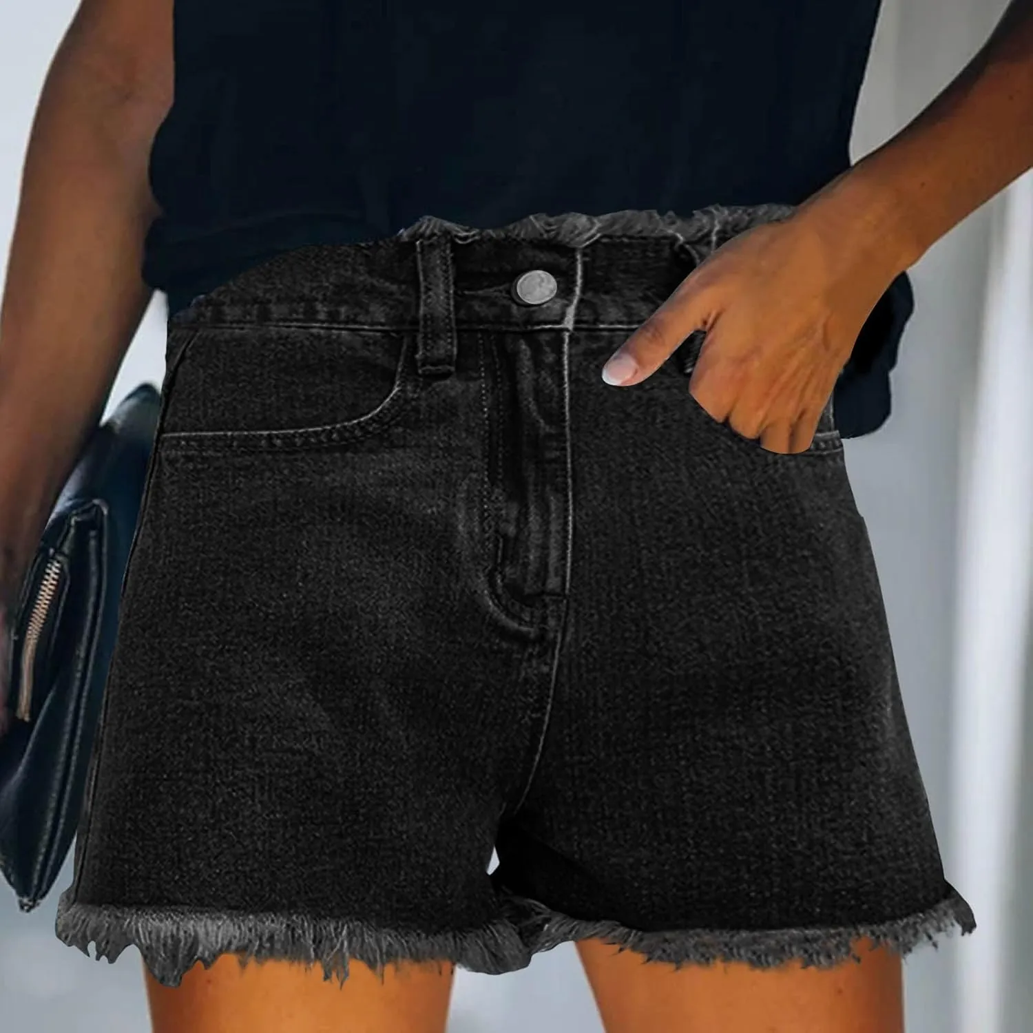 Jean Shorts for Women High Waisted Stretchy Distressed Denim Shorts Ripped Frayed Raw Hem Summer Casual Short Pants