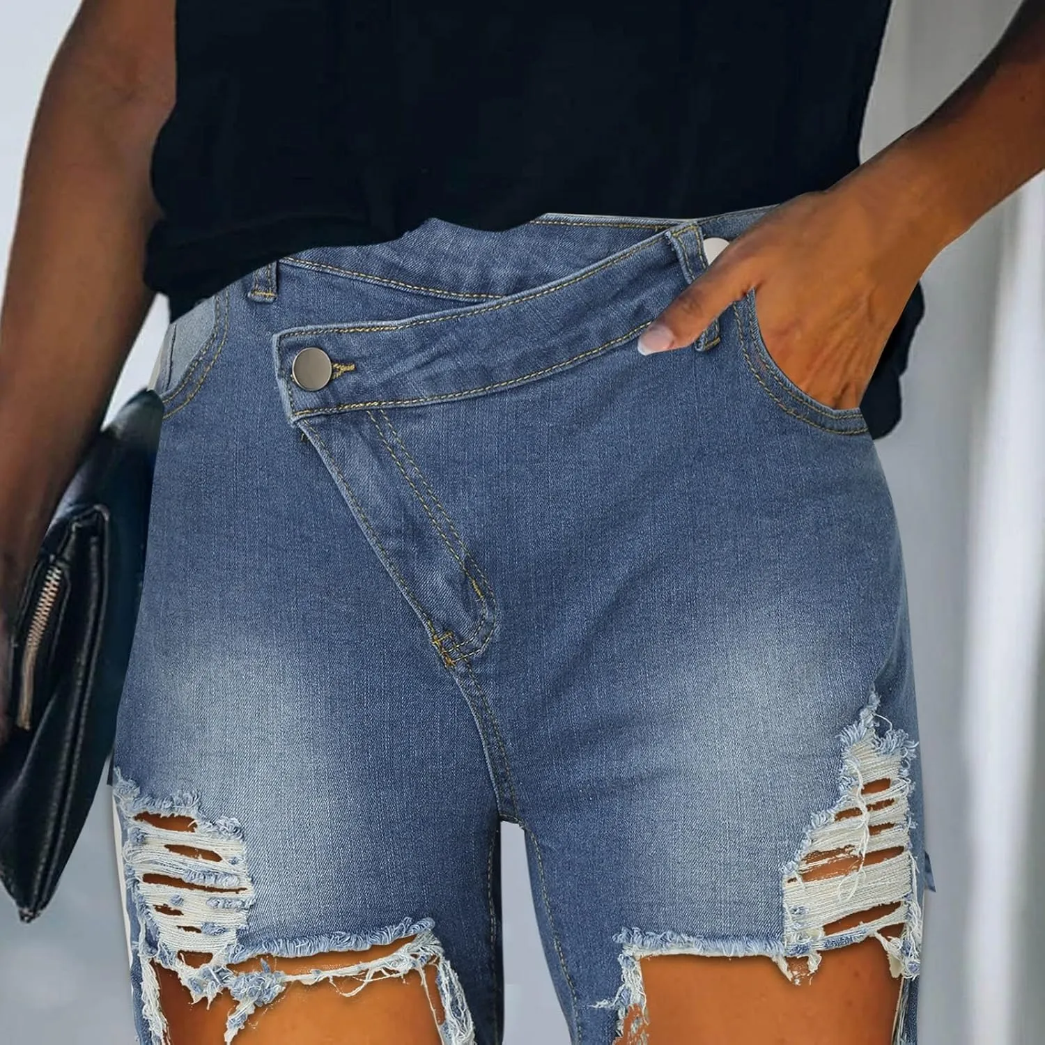 Jean Shorts for Women High Waisted Stretchy Distressed Denim Shorts Ripped Frayed Raw Hem Summer Casual Short Pants