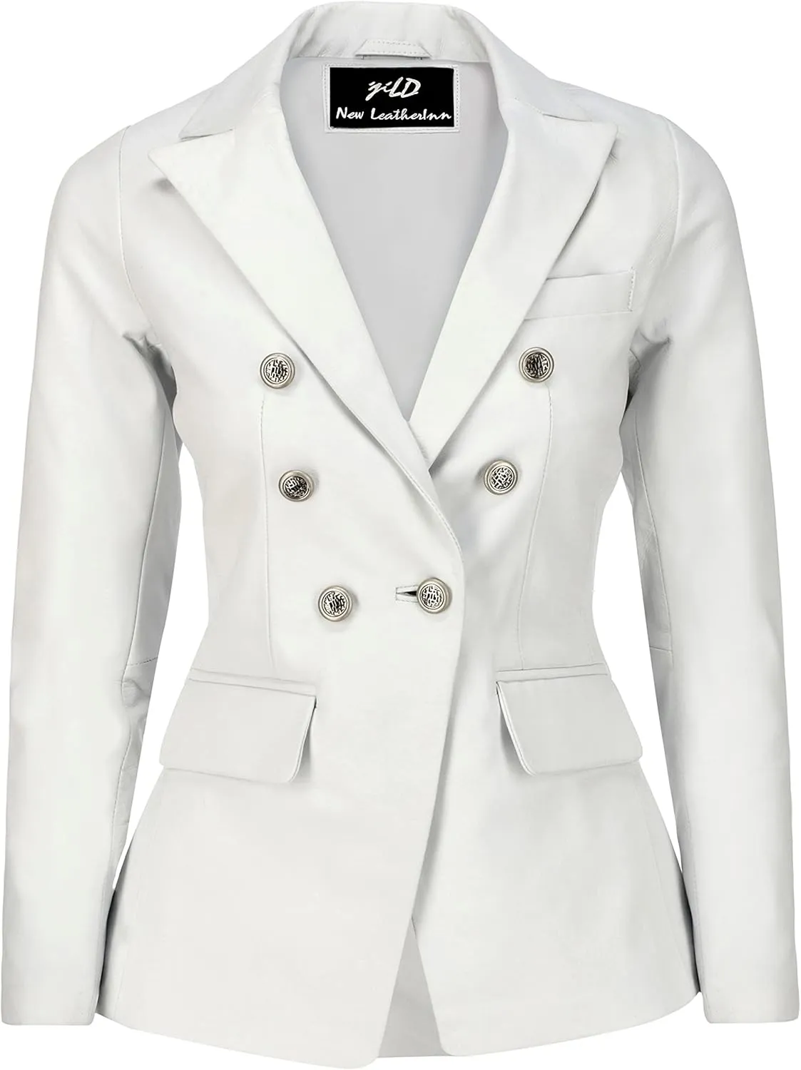 Jild Double Breasted Fancy Buttons Lambskin Leather Blazer Women - Kim Kardashian Long Sleeve Coat Style Leather Jacket Women