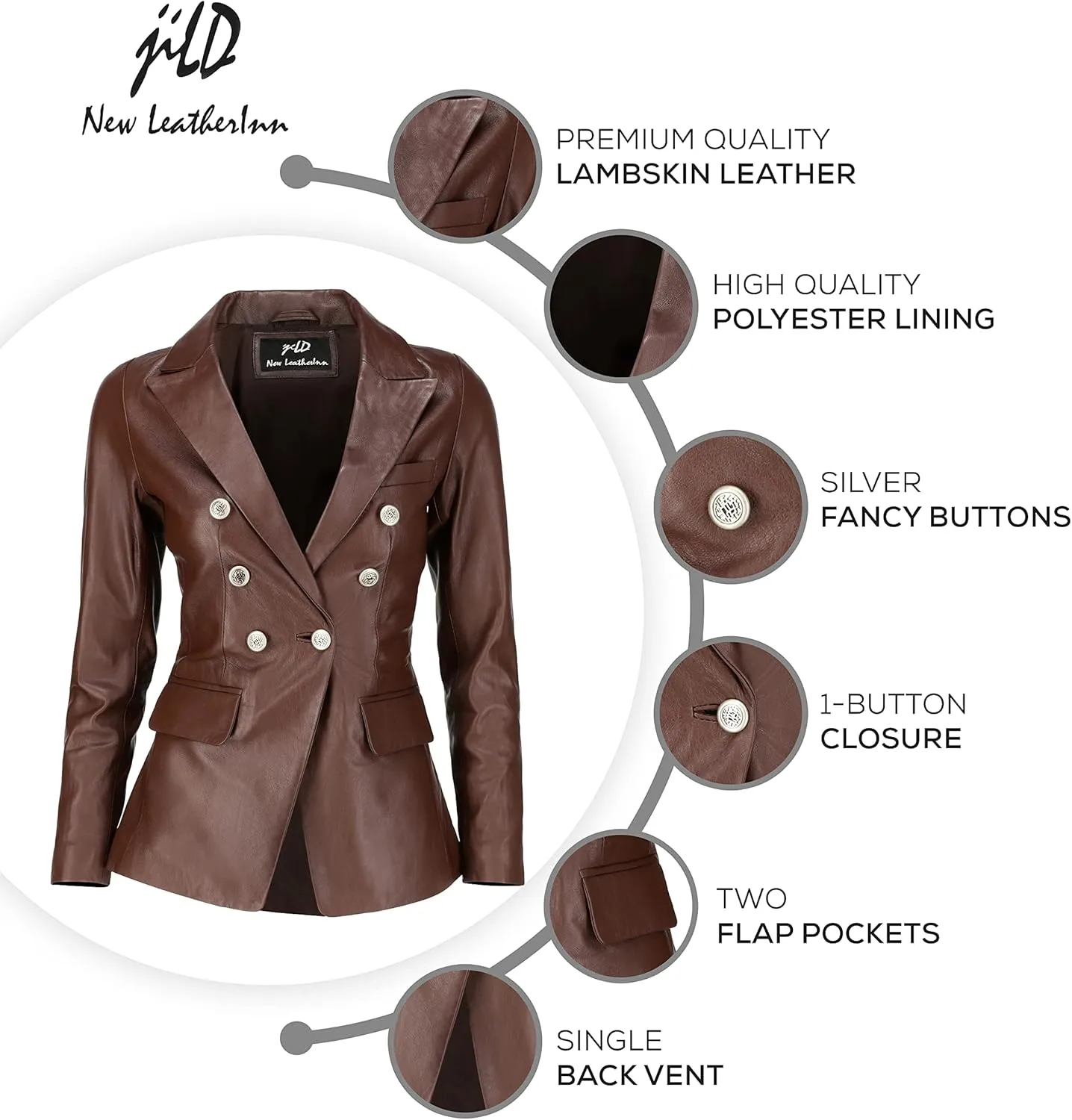 Jild Double Breasted Fancy Buttons Lambskin Leather Blazer Women - Kim Kardashian Long Sleeve Coat Style Leather Jacket Women