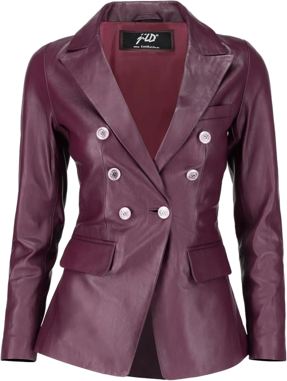 Jild Double Breasted Fancy Buttons Lambskin Leather Blazer Women - Kim Kardashian Long Sleeve Coat Style Leather Jacket Women