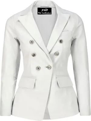 Jild Double Breasted Fancy Buttons Lambskin Leather Blazer Women - Kim Kardashian Long Sleeve Coat Style Leather Jacket Women